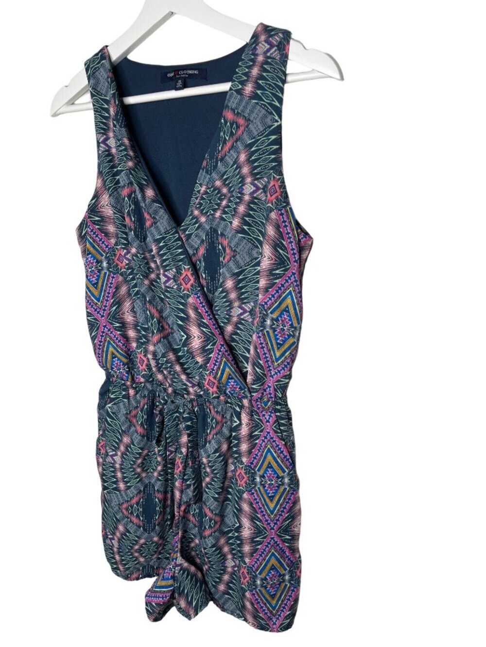 One Clothing Women’s Small Boho Romper Blue Pink Aztec Print Sleeveless Summer